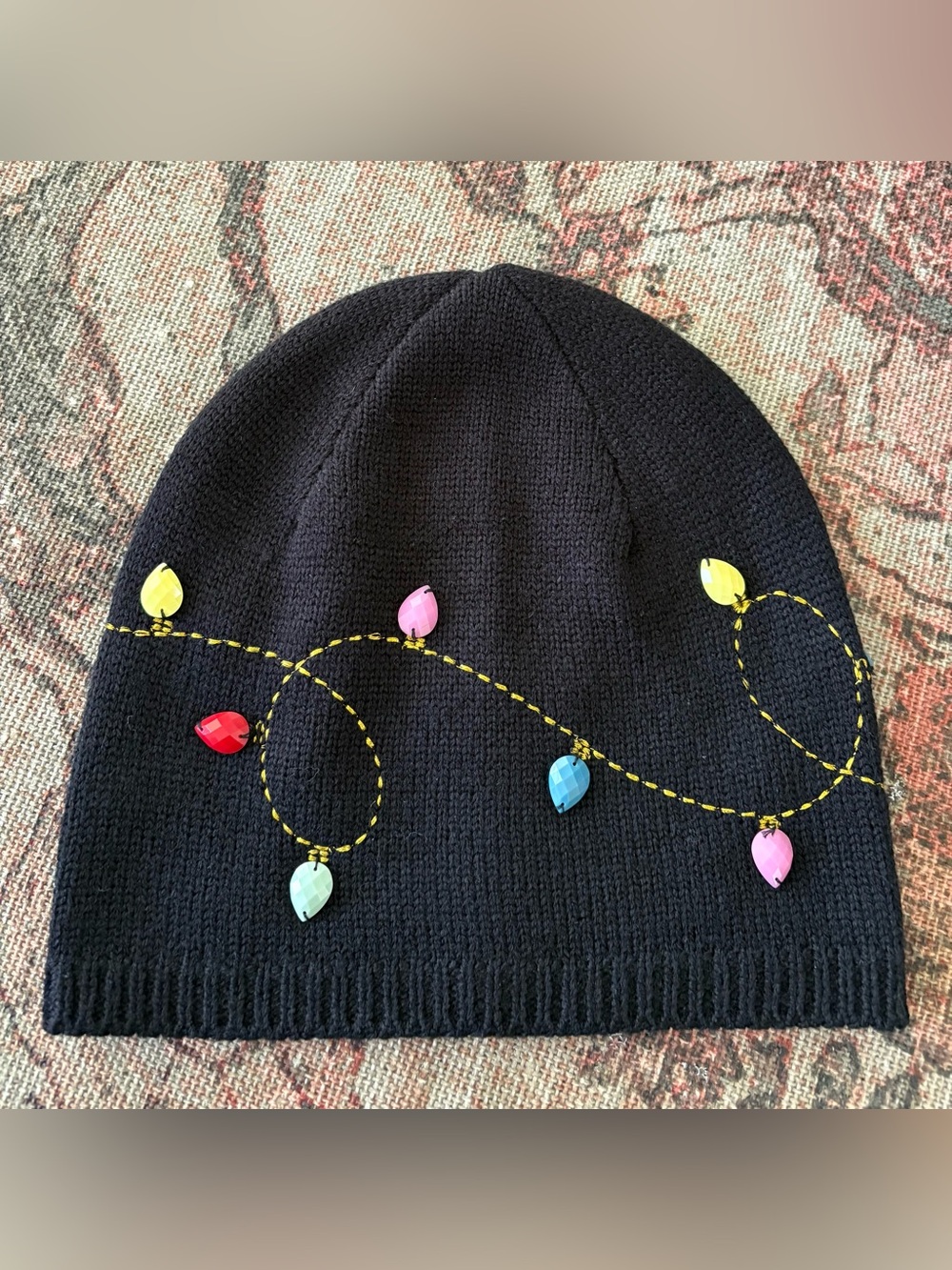 Kate Spade String Light Holiday Beanie Wool Blend Black Multi Color Gems